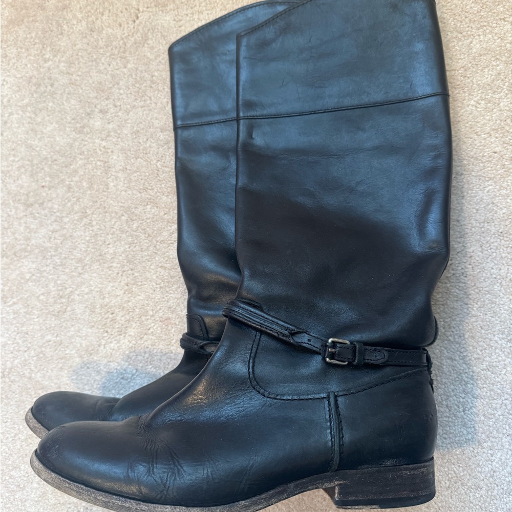 Frye Black Leather Knee-High Riding Boots with Strap